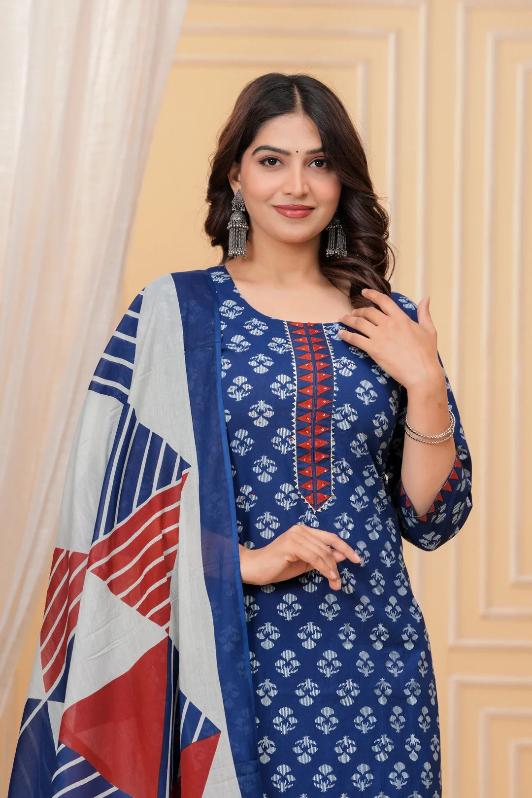 Indigo Blue Handblock Printed Cotton Kurta Pant Set with Geometric Dupatta