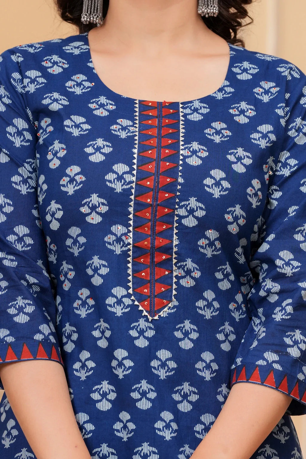 Indigo Blue Handblock Printed Cotton Kurta Pant Set with Geometric Dupatta