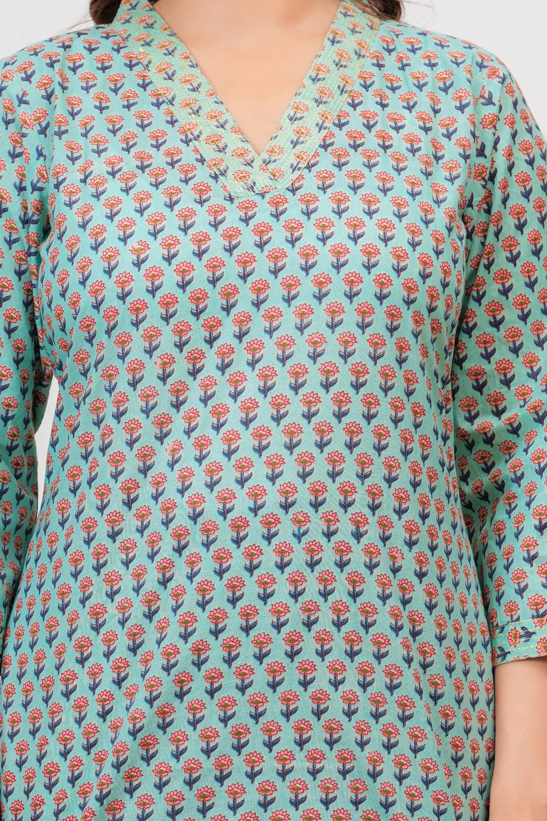 Teal Handblock Printed Cotton Co-ord Set for Women