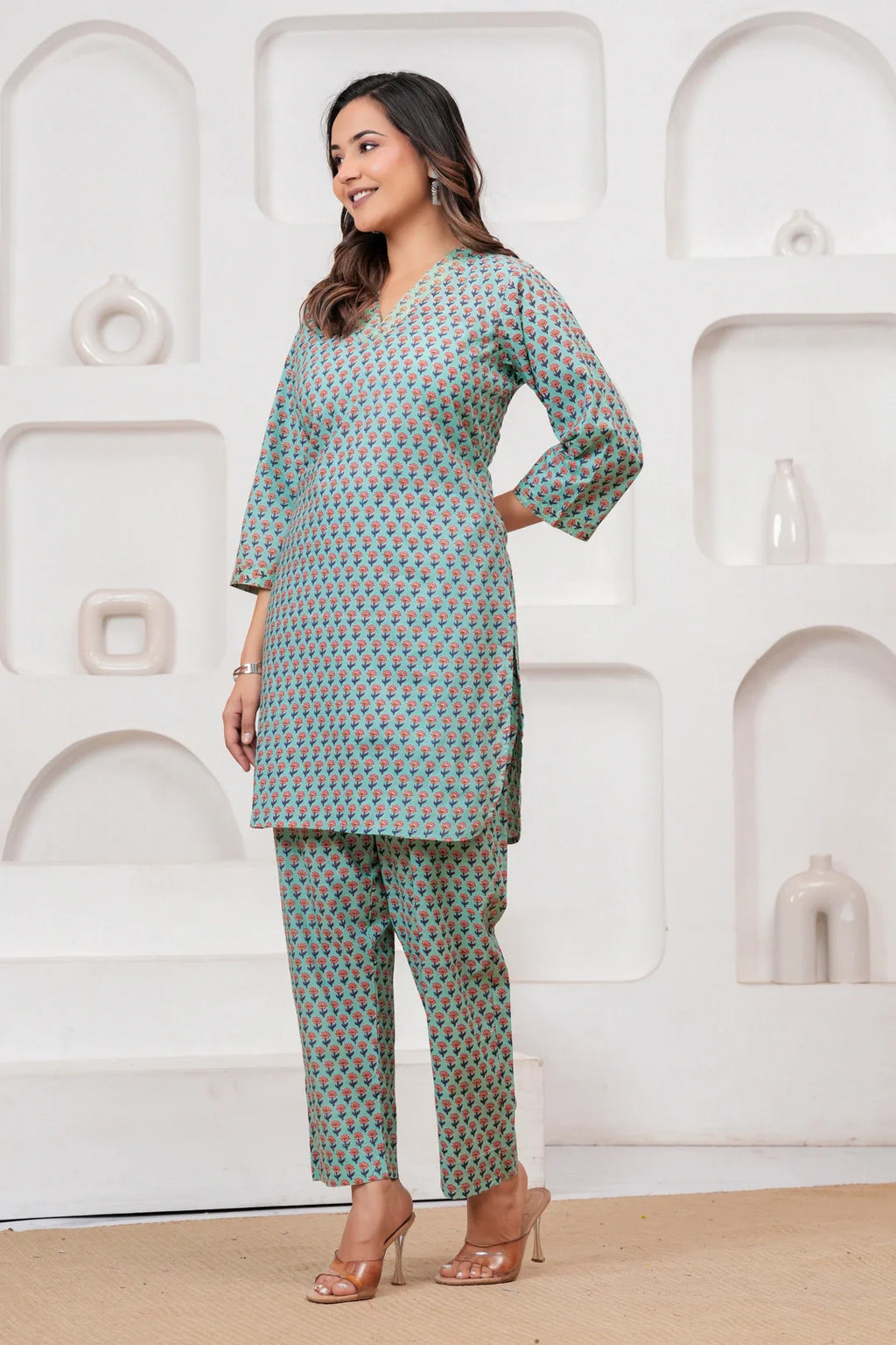 Teal Handblock Printed Cotton Co-ord Set for Women
