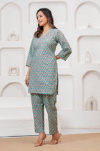 Teal Handblock Printed Cotton Co-ord Set for Women