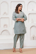 Teal Handblock Printed Cotton Co-ord Set for Women