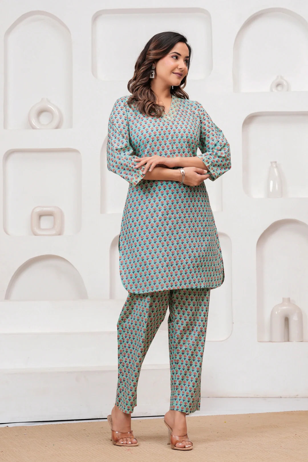Teal Handblock Printed Cotton Co-ord Set for Women