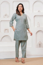 Teal Handblock Printed Cotton Co-ord Set for Women