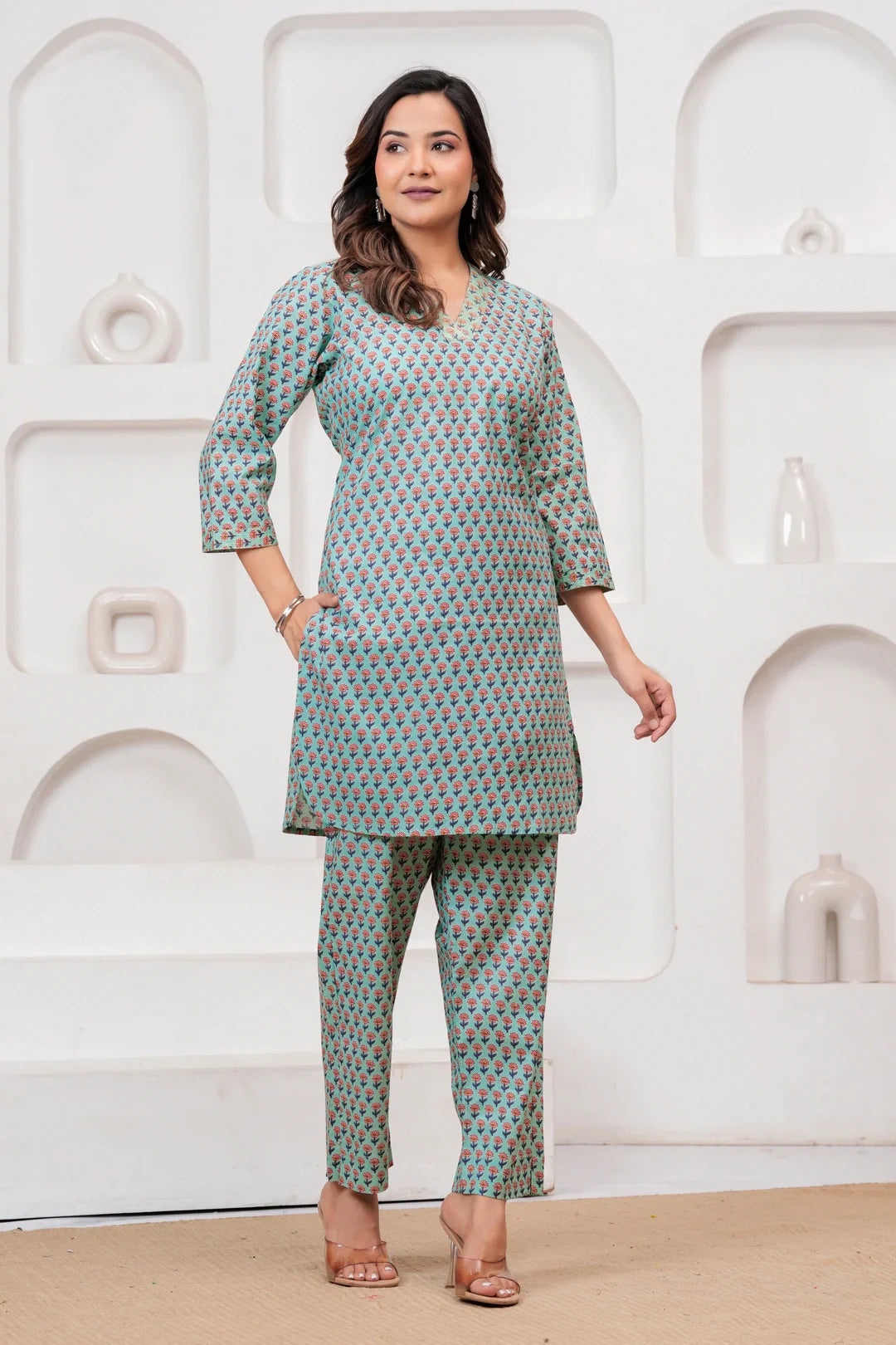 Teal Handblock Printed Cotton Co-ord Set for Women