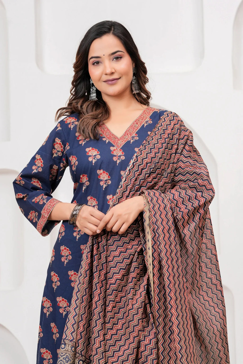 Indigo Blue Handblockprinted Floral Printed Cotton Kurta Pant Set with Dupatta