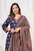 Indigo Blue Handblockprinted Floral Printed Cotton Kurta Pant Set with Dupatta