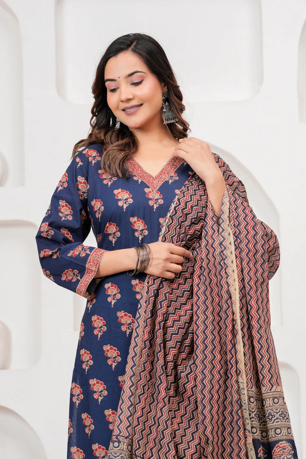 Indigo Blue Handblockprinted Floral Printed Cotton Kurta Pant Set with Dupatta