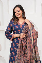 Indigo Blue Handblockprinted Floral Printed Cotton Kurta Pant Set with Dupatta