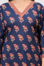 Indigo Blue Handblockprinted Floral Printed Cotton Kurta Pant Set with Dupatta