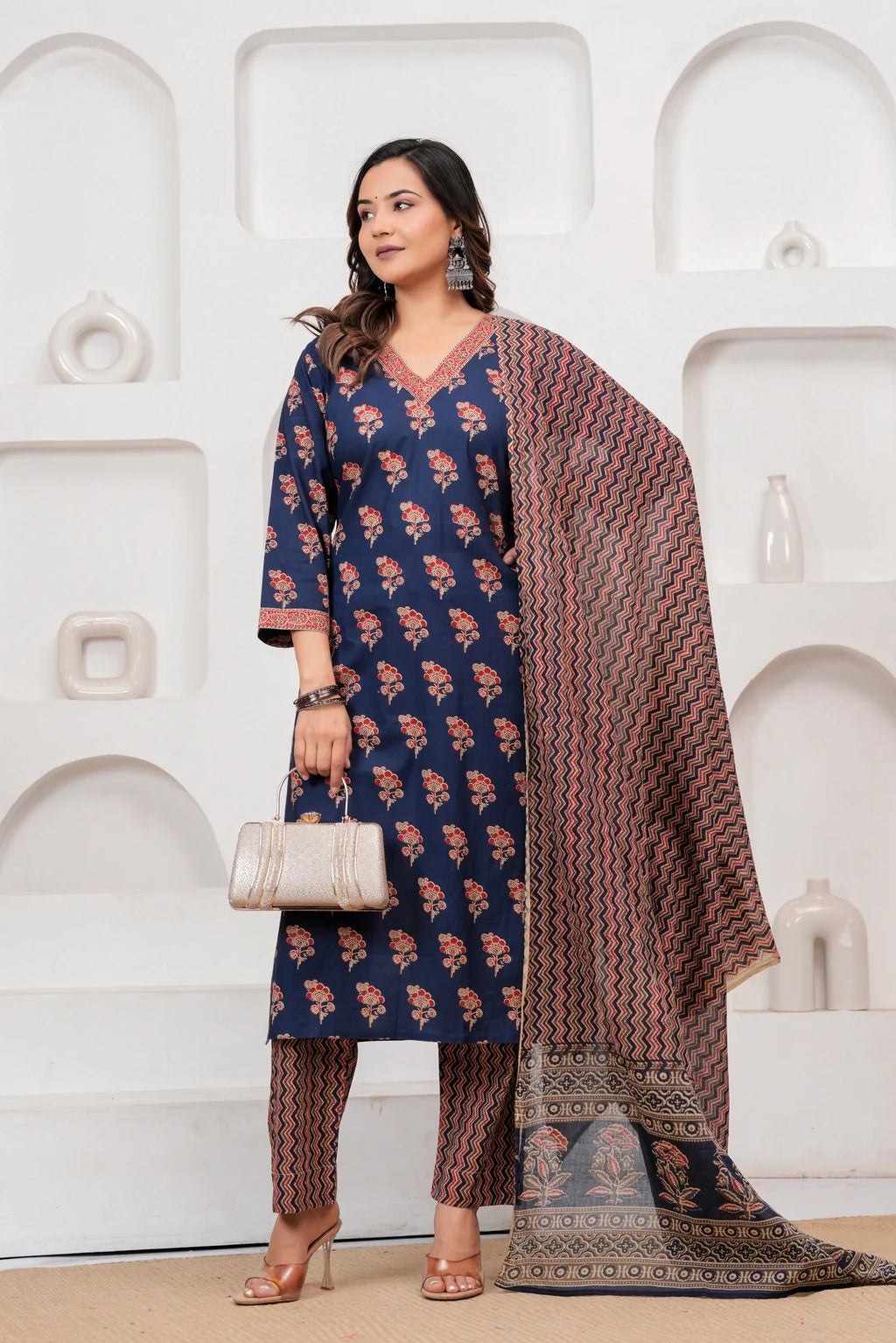 Indigo Blue Handblockprinted Floral Printed Cotton Kurta Pant Set with Dupatta