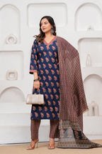 Indigo Blue Handblockprinted Floral Printed Cotton Kurta Pant Set with Dupatta