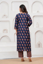 Indigo Blue Handblockprinted Floral Printed Cotton Kurta Pant Set with Dupatta