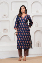Indigo Blue Handblockprinted Floral Printed Cotton Kurta Pant Set with Dupatta