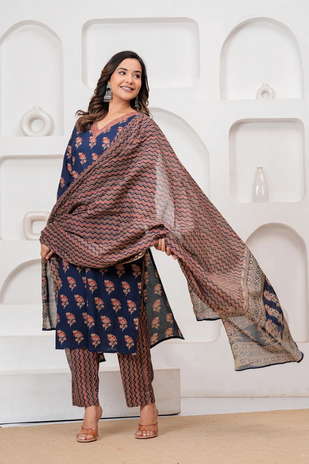 Indigo Blue Handblockprinted Floral Printed Cotton Kurta Pant Set with Dupatta