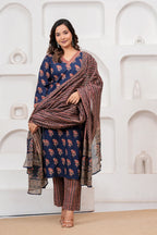 Indigo Blue Handblockprinted Floral Printed Cotton Kurta Pant Set with Dupatta