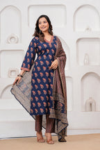 Indigo Blue Handblockprinted Floral Printed Cotton Kurta Pant Set with Dupatta