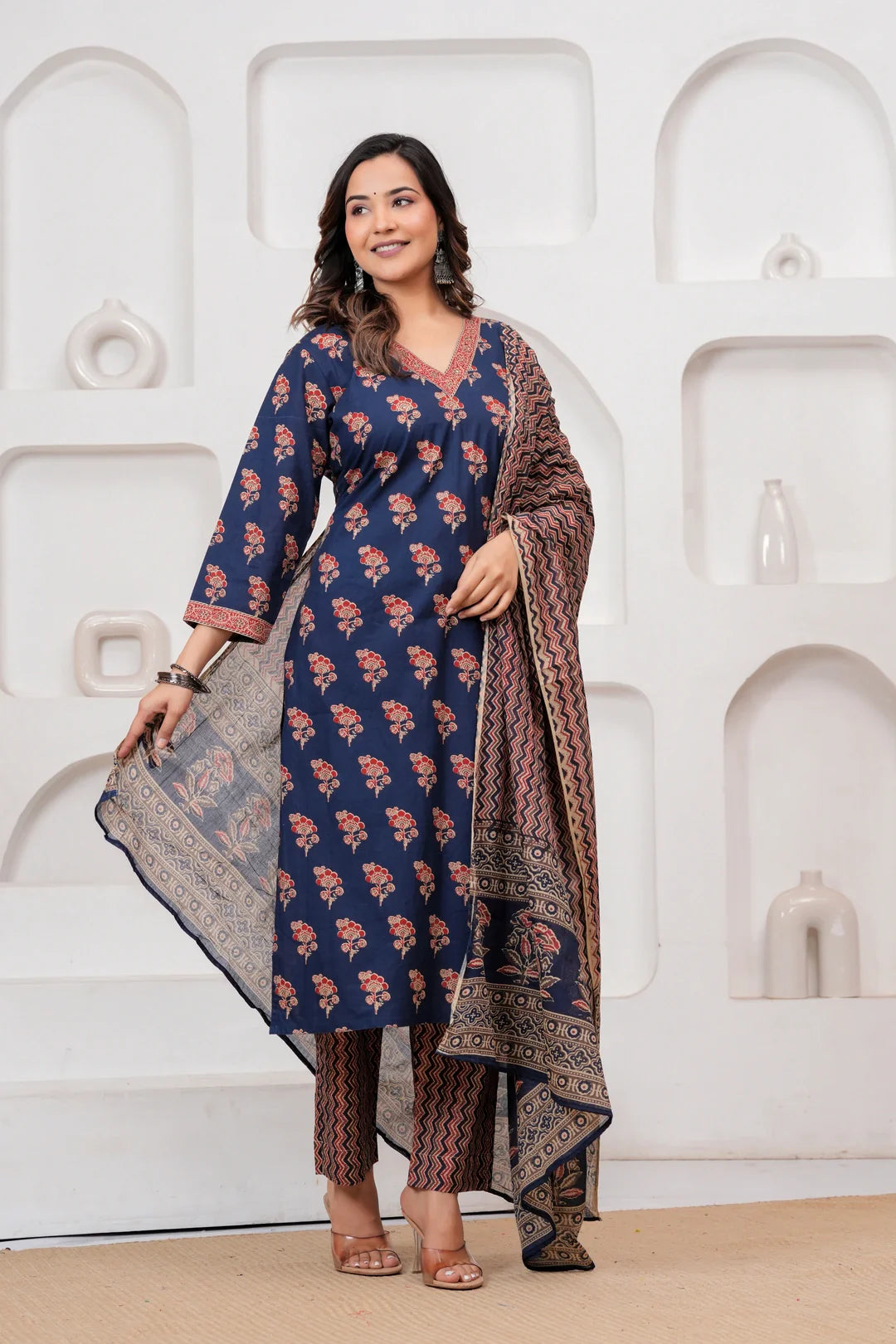 Indigo Blue Handblockprinted Floral Printed Cotton Kurta Pant Set with Dupatta