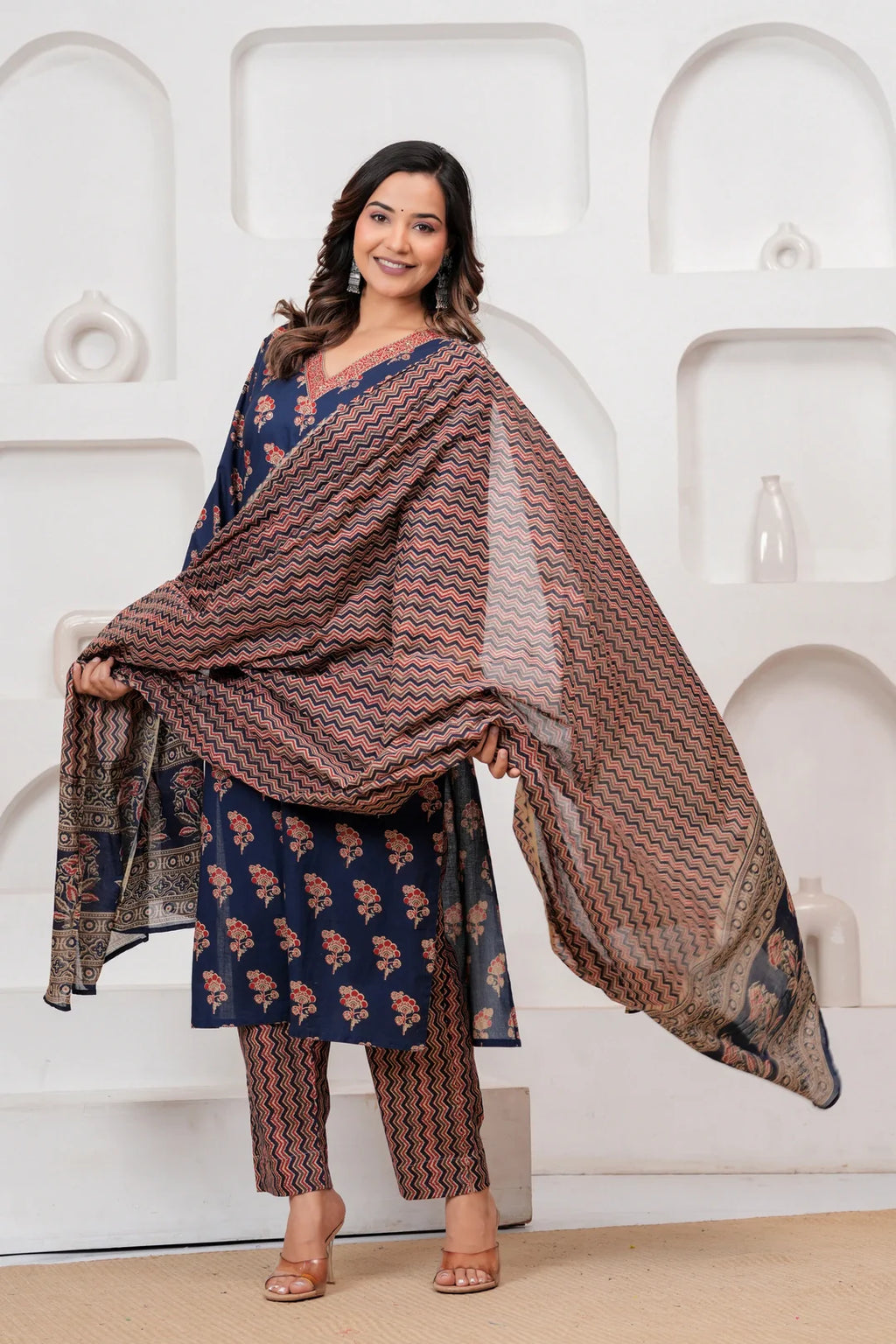 Indigo Blue Handblockprinted Floral Printed Cotton Kurta Pant Set with Dupatta