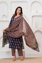 Indigo Blue Handblockprinted Floral Printed Cotton Kurta Pant Set with Dupatta