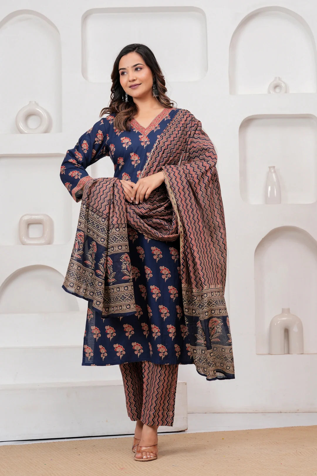 Indigo Blue Handblockprinted Floral Printed Cotton Kurta Pant Set with Dupatta