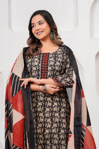 Handblock Printed Black & Red Cotton Kurta Pant Set with malmal Dupatta
