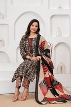 Handblock Printed Black & Red Cotton Kurta Pant Set with malmal Dupatta