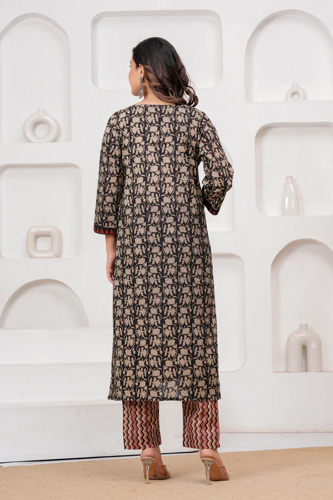 Handblock Printed Black & Red Cotton Kurta Pant Set with malmal Dupatta
