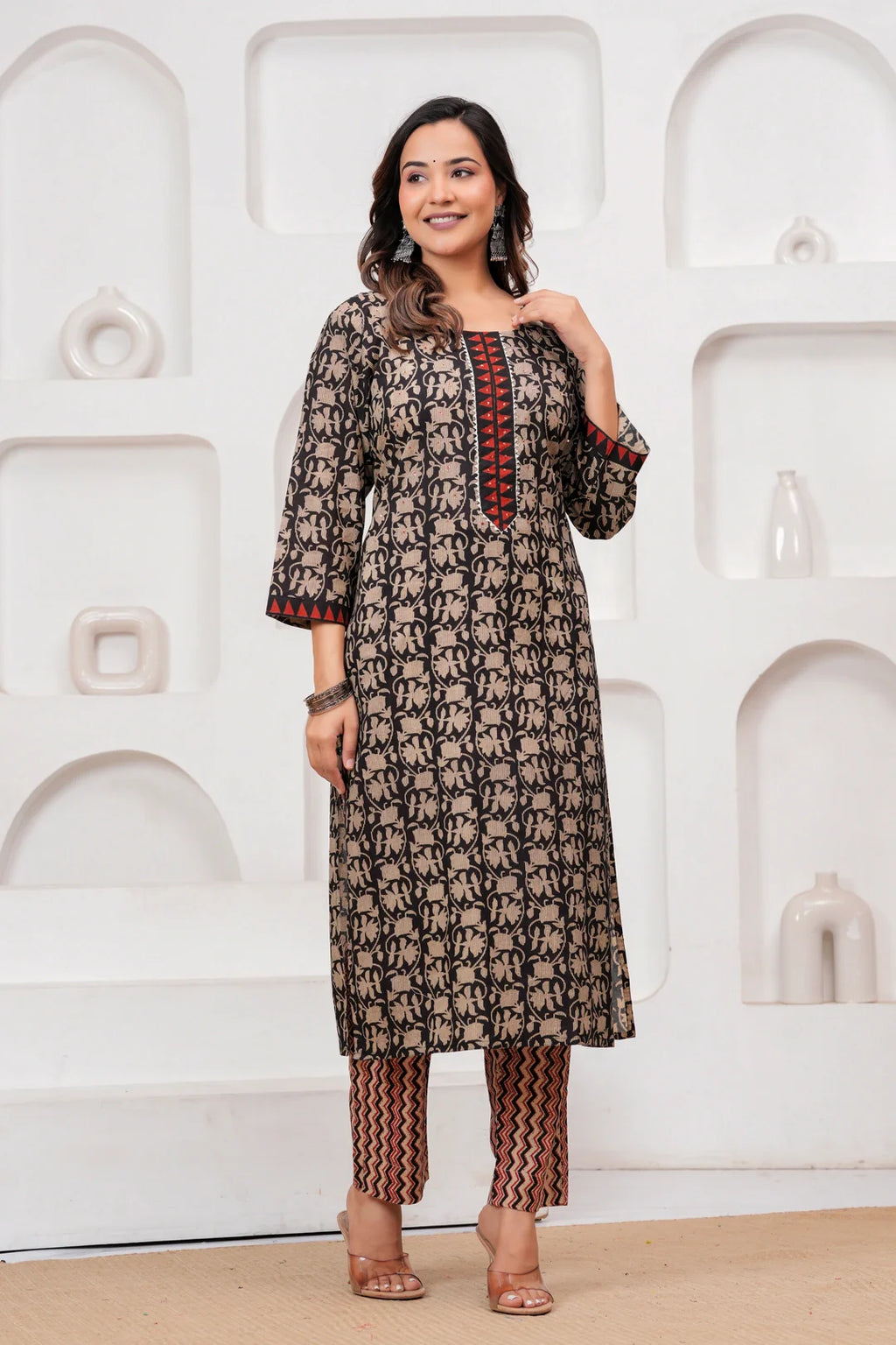 Handblock Printed Black & Red Cotton Kurta Pant Set with malmal Dupatta