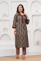 Handblock Printed Black & Red Cotton Kurta Pant Set with malmal Dupatta