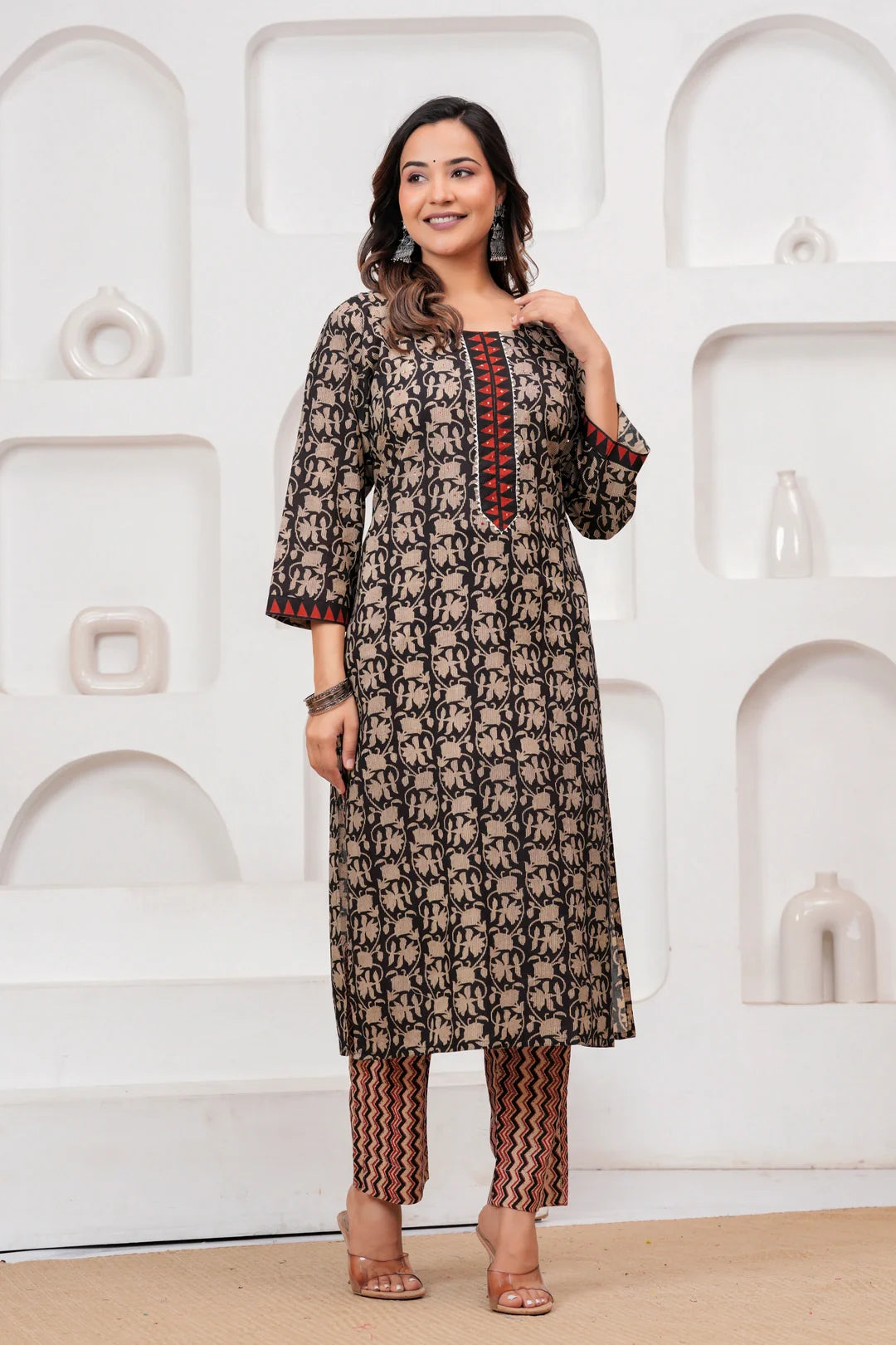 Handblock Printed Black & Red Cotton Kurta Pant Set with malmal Dupatta