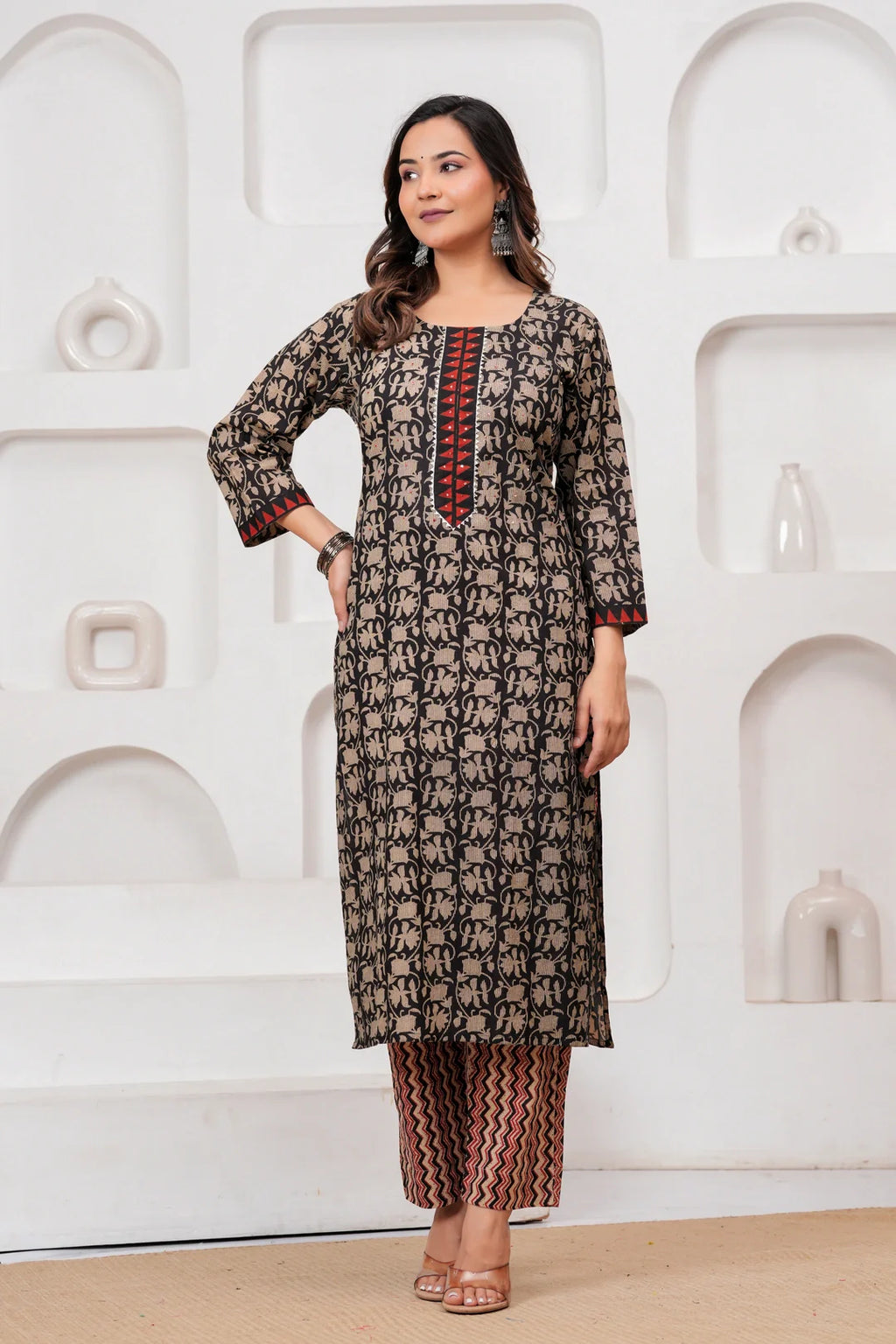 Handblock Printed Black & Red Cotton Kurta Pant Set with malmal Dupatta