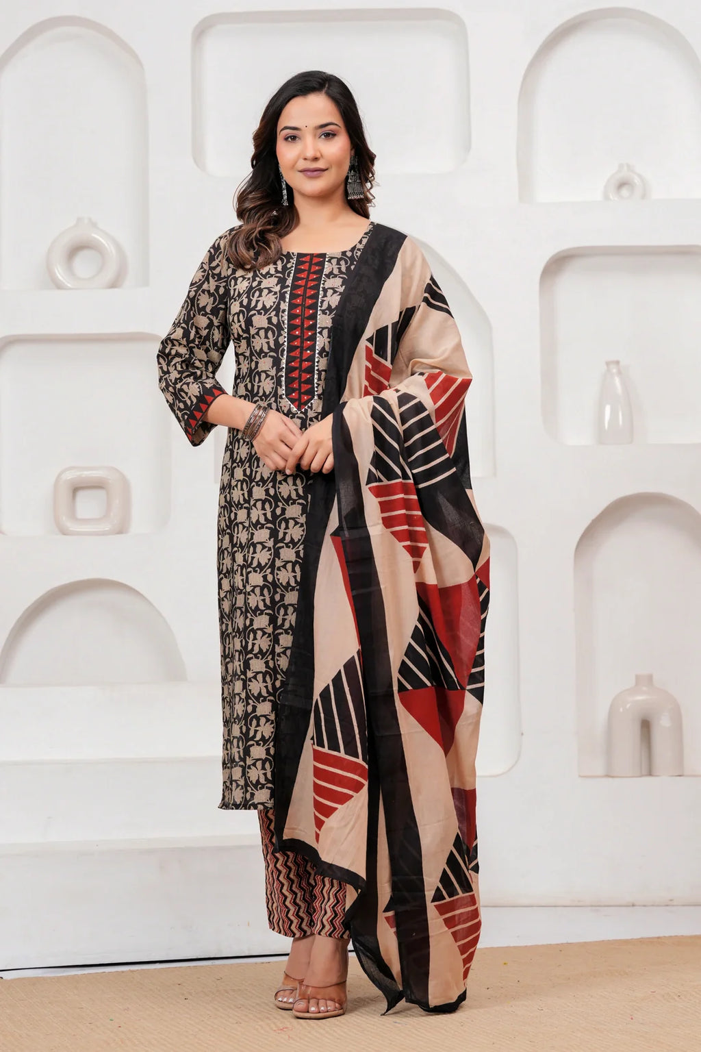 Handblock Printed Black & Red Cotton Kurta Pant Set with malmal Dupatta