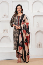Handblock Printed Black & Red Cotton Kurta Pant Set with malmal Dupatta