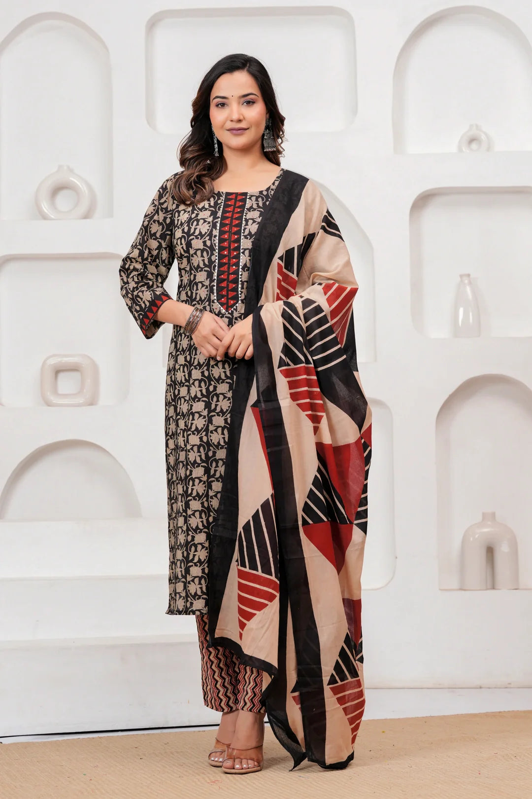 Handblock Printed Black & Red Cotton Kurta Pant Set with malmal Dupatta