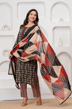 Handblock Printed Black & Red Cotton Kurta Pant Set with malmal Dupatta