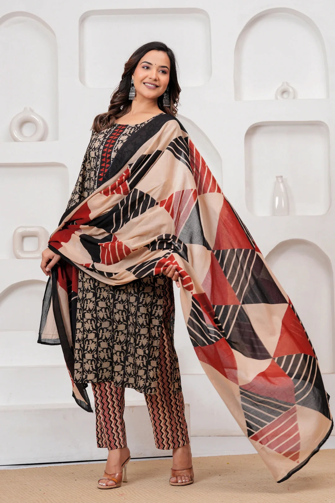 Handblock Printed Black & Red Cotton Kurta Pant Set with malmal Dupatta