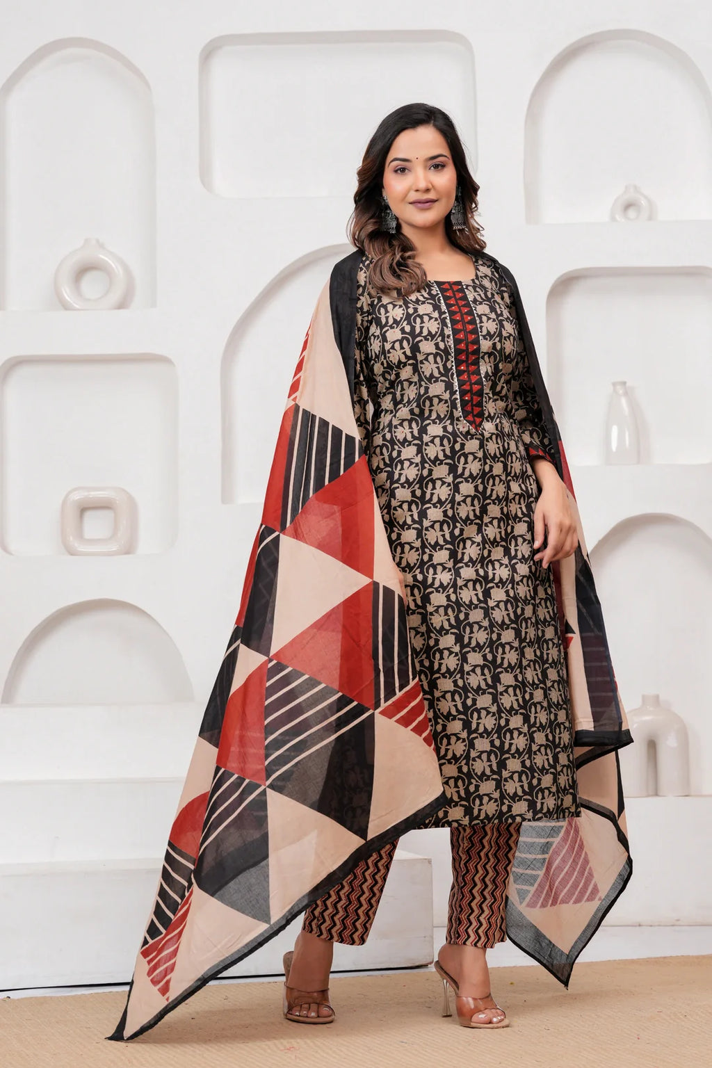 Handblock Printed Black & Red Cotton Kurta Pant Set with malmal Dupatta