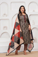 Handblock Printed Black & Red Cotton Kurta Pant Set with malmal Dupatta