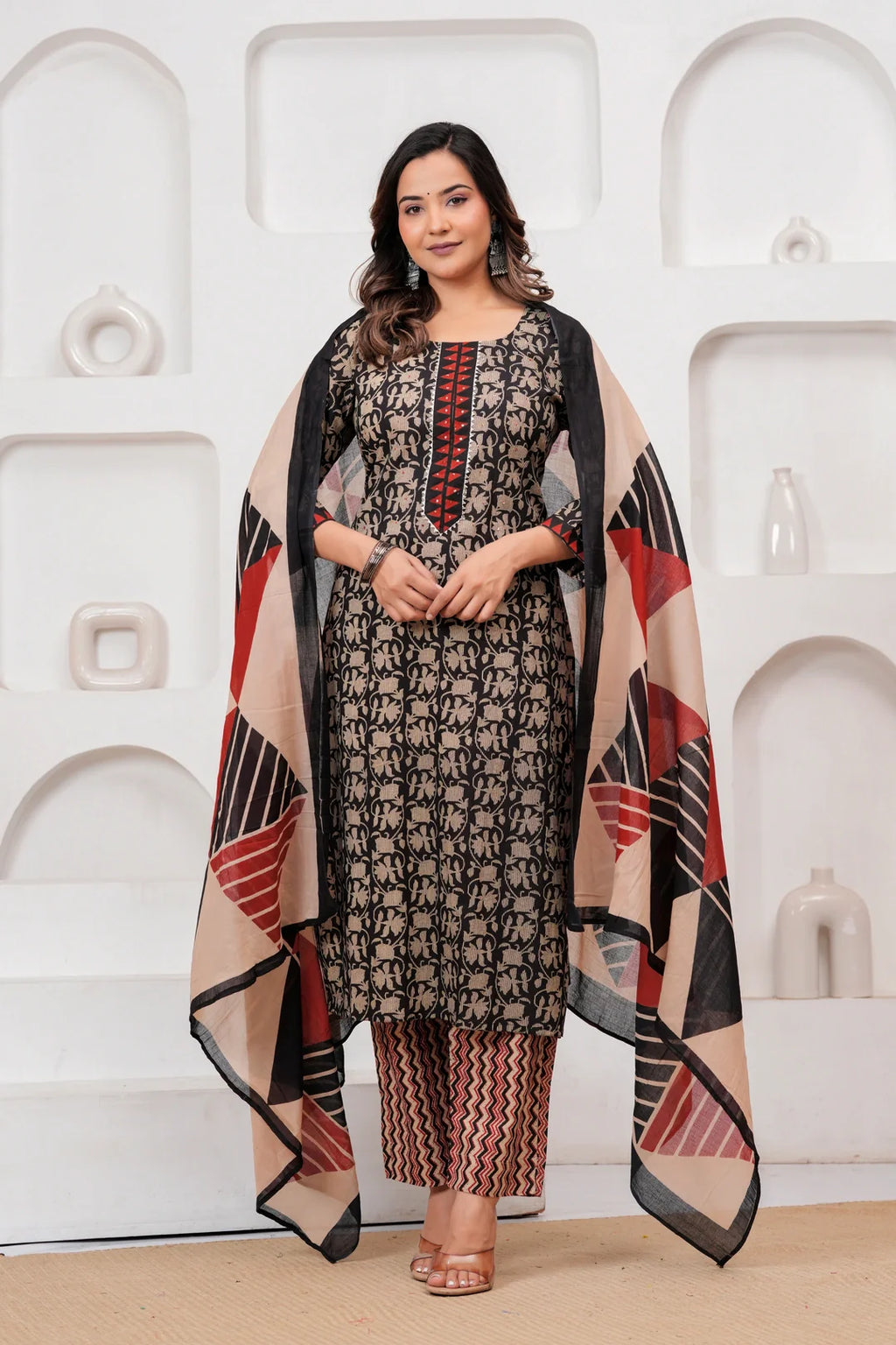 Handblock Printed Black & Red Cotton Kurta Pant Set with malmal Dupatta