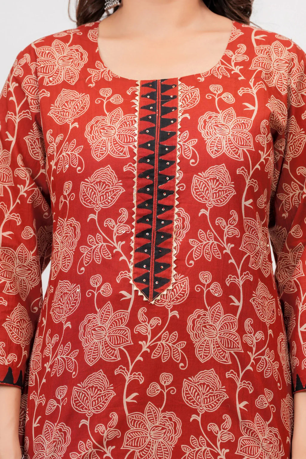 Rust Red Floral Handblock Cotton Kurta Pant Set with Geometric Malmal Dupatta