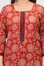 Rust Red Floral Handblock Cotton Kurta Pant Set with Geometric Malmal Dupatta