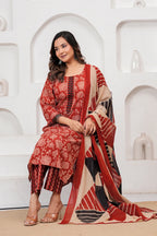 Rust Red Floral Handblock Cotton Kurta Pant Set with Geometric Malmal Dupatta