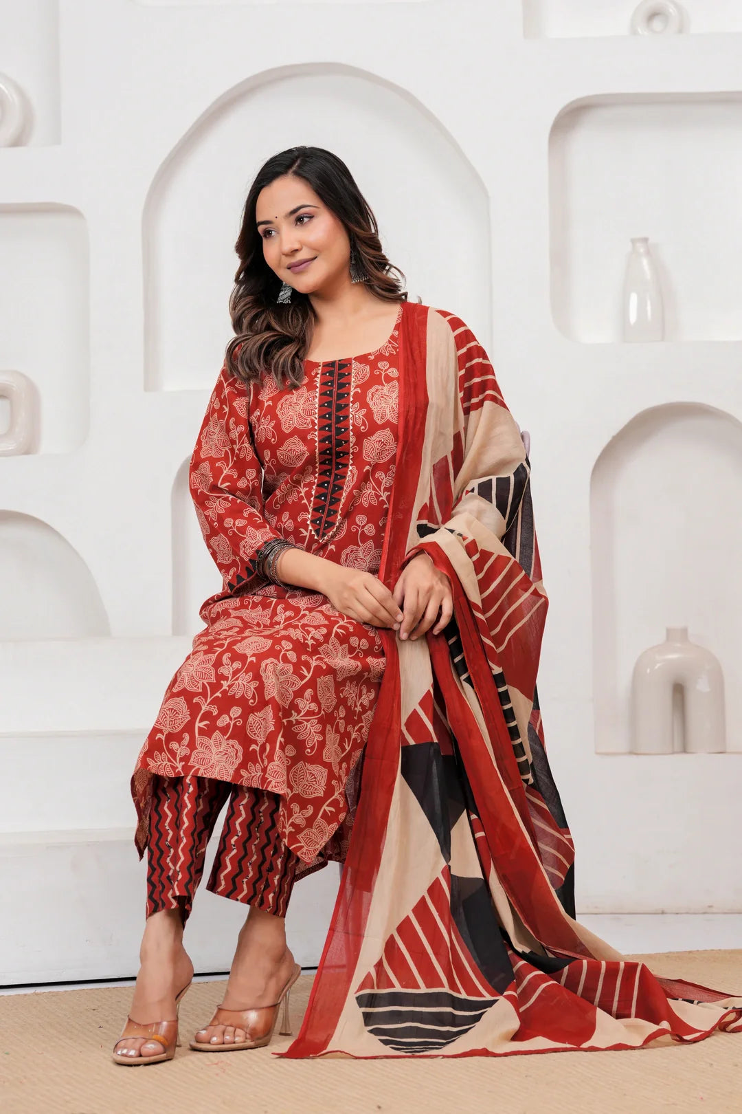 Rust Red Floral Handblock Cotton Kurta Pant Set with Geometric Malmal Dupatta