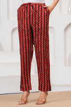Rust Red Floral Handblock Cotton Kurta Pant Set with Geometric Malmal Dupatta