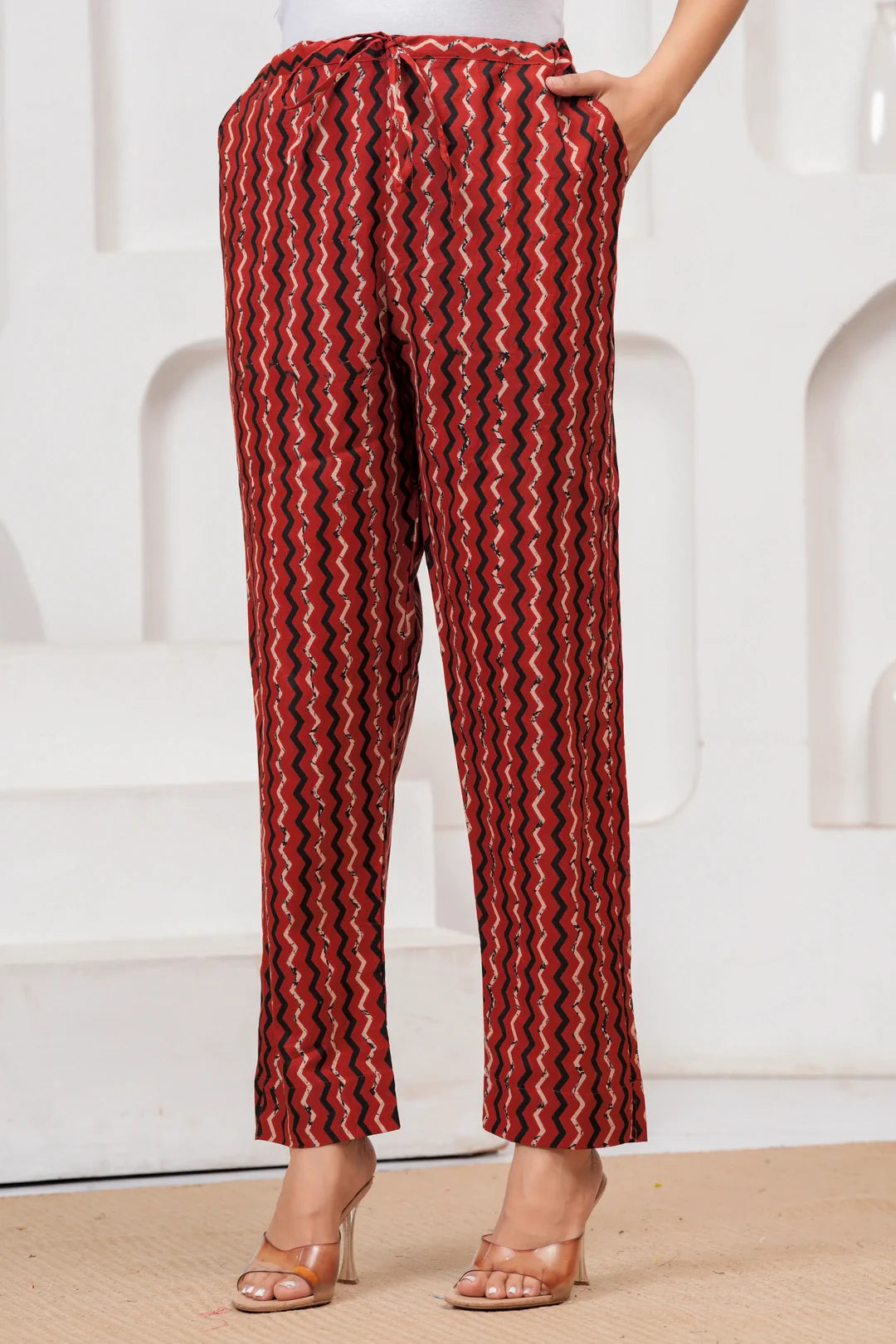 Rust Red Floral Handblock Cotton Kurta Pant Set with Geometric Malmal Dupatta