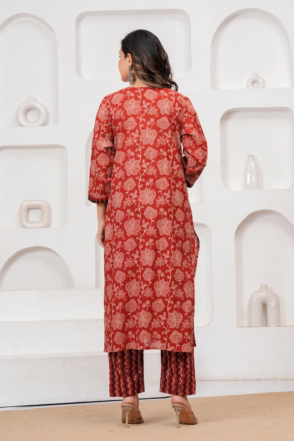 Rust Red Floral Handblock Cotton Kurta Pant Set with Geometric Malmal Dupatta