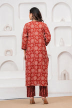 Rust Red Floral Handblock Cotton Kurta Pant Set with Geometric Malmal Dupatta