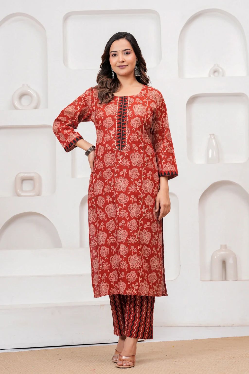 Rust Red Floral Handblock Cotton Kurta Pant Set with Geometric Malmal Dupatta