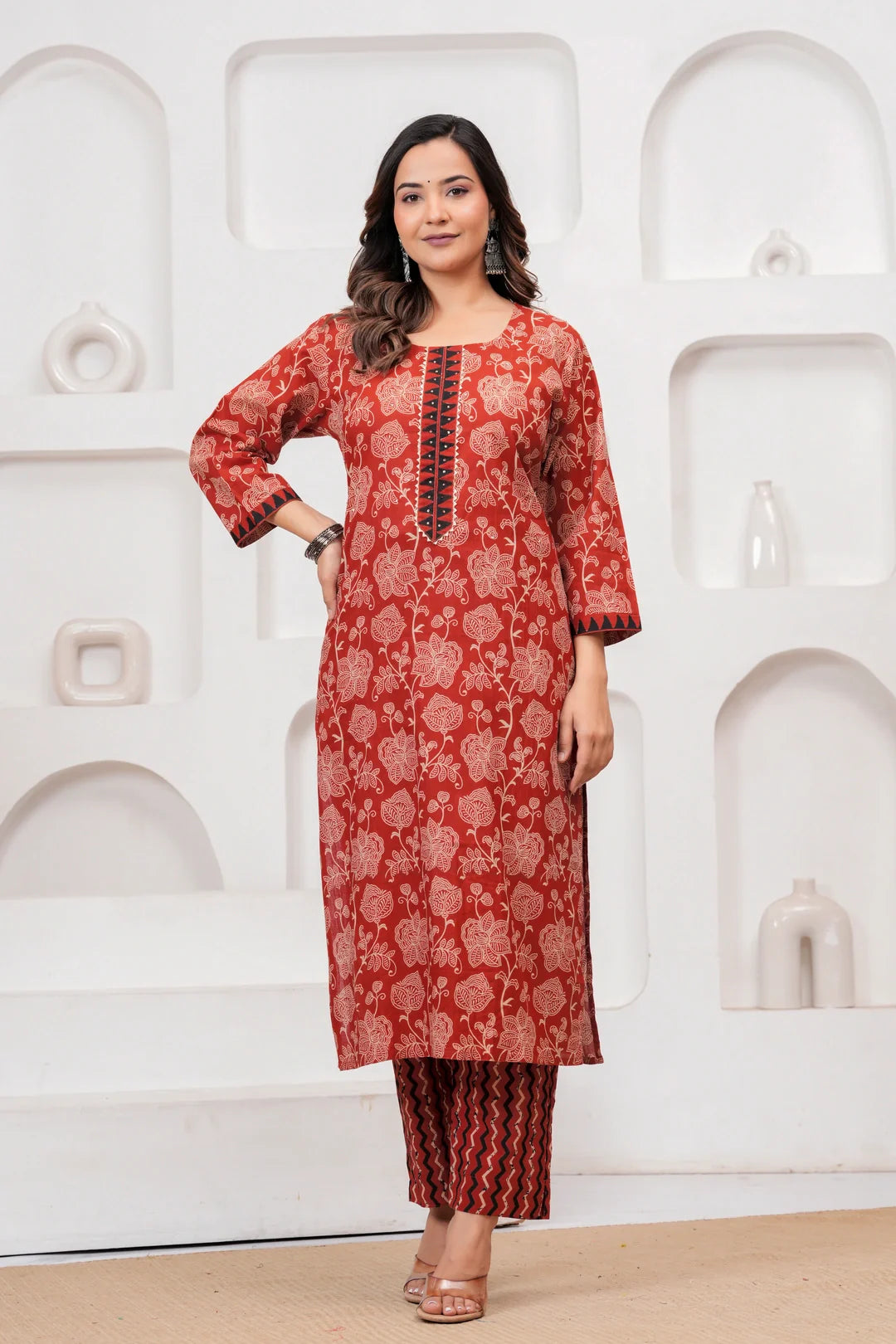 Rust Red Floral Handblock Cotton Kurta Pant Set with Geometric Malmal Dupatta